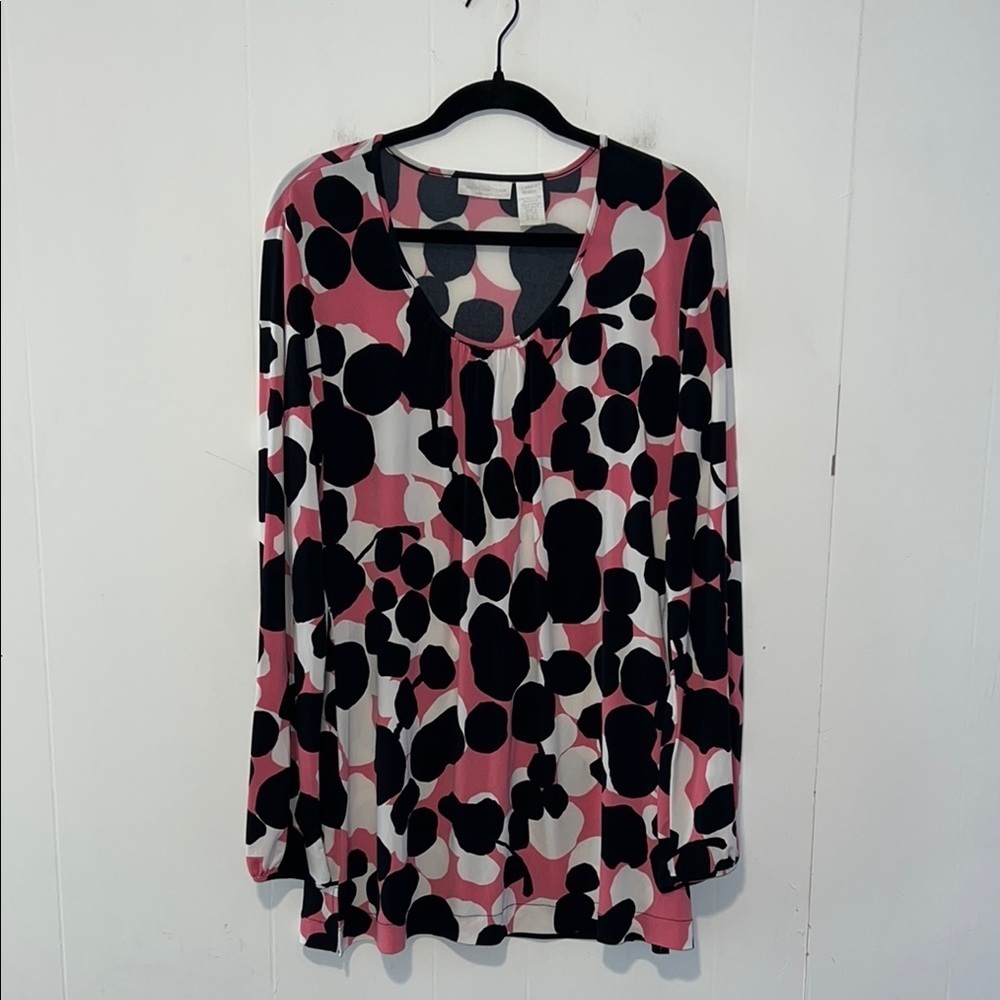 Worthington Stretch Long Sleeve Pink Black White Blouse Q45